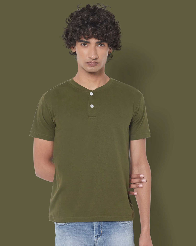 Melangebox Half Sleeves Henley: Military Green