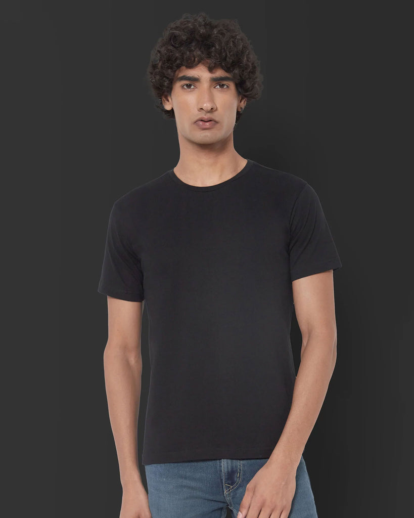 Melangebox Half Sleeves Crew Neck: Solid Black