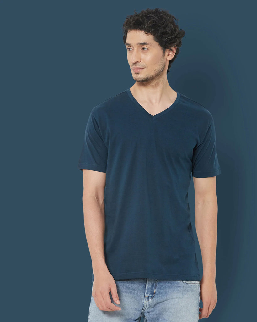 Melangebox V Neck Half Sleeves: Teal Blue