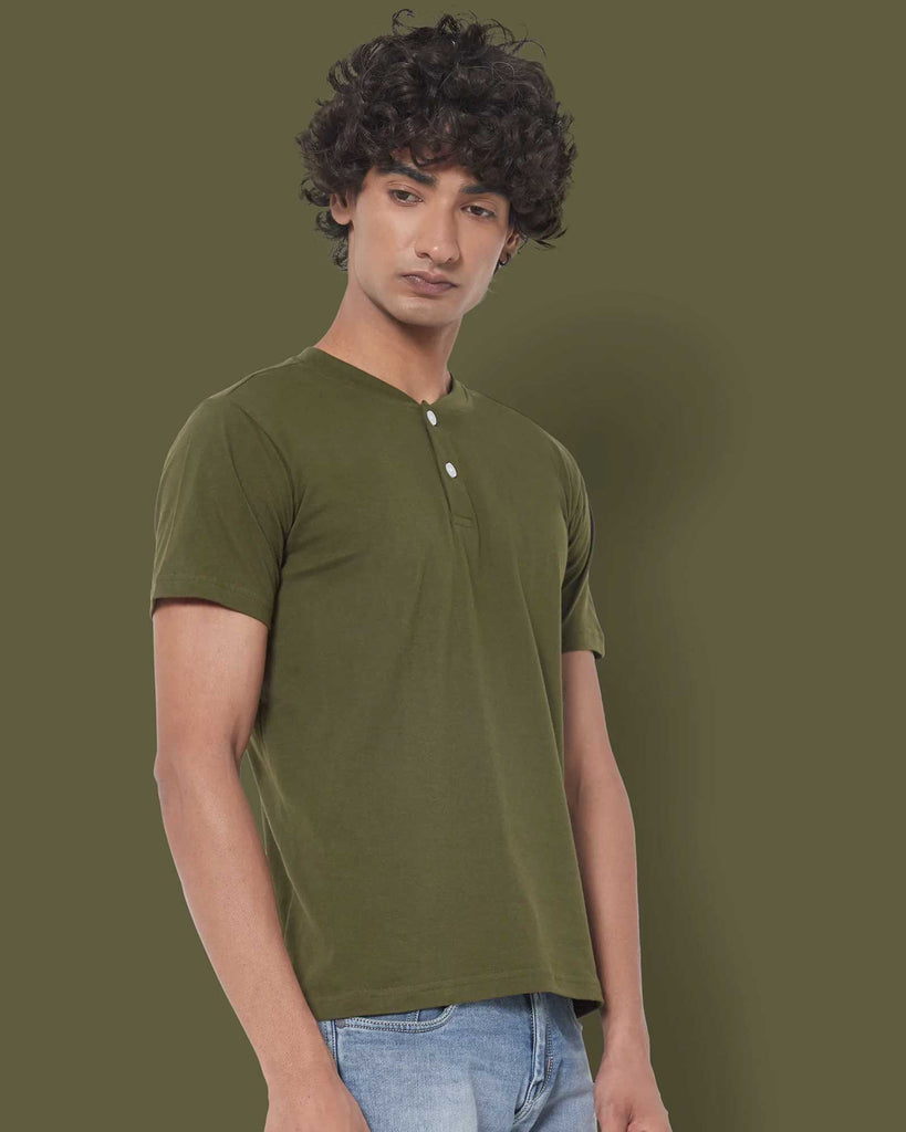 Melangebox Half Sleeves Henley: Military Green