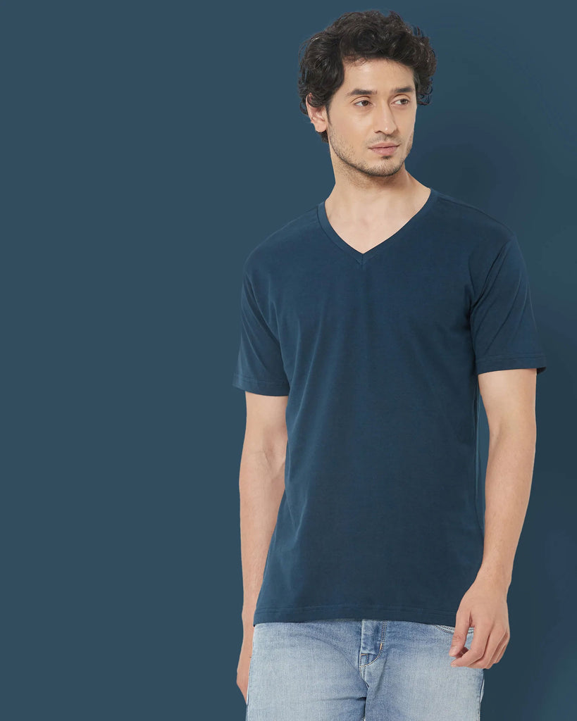 Melangebox V Neck Half Sleeves: Teal Blue