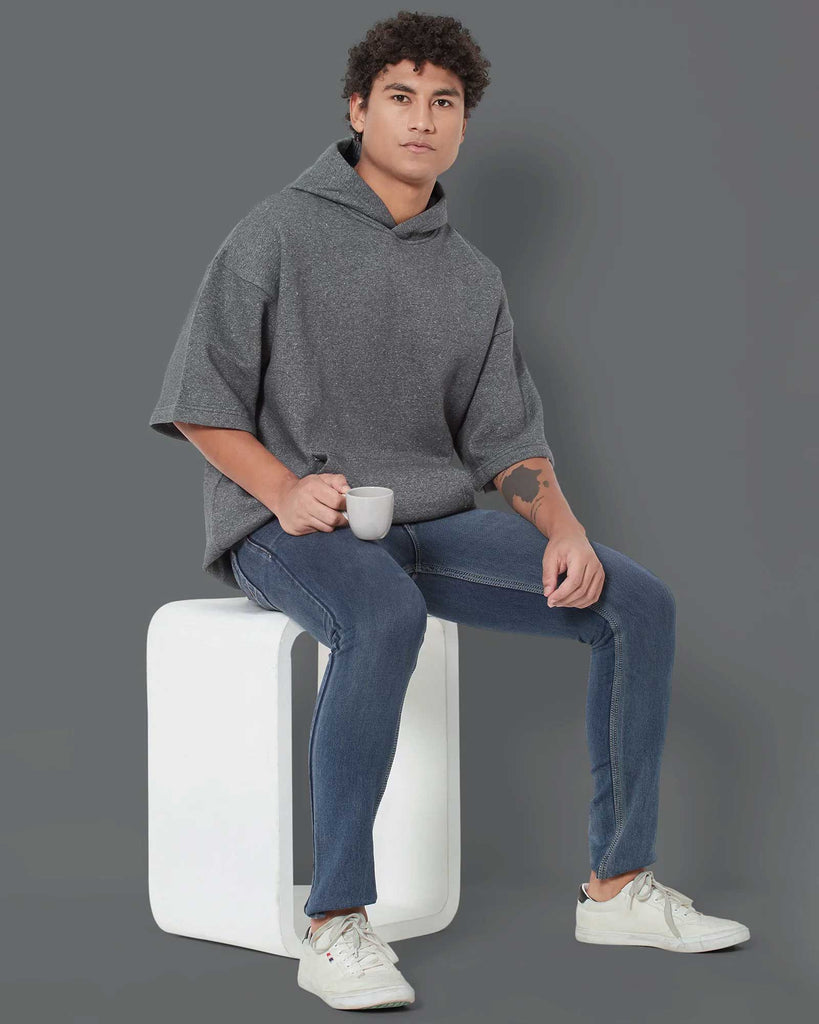 Melangebox Crop Sleeves Oversized Hoodie: Granite Melange