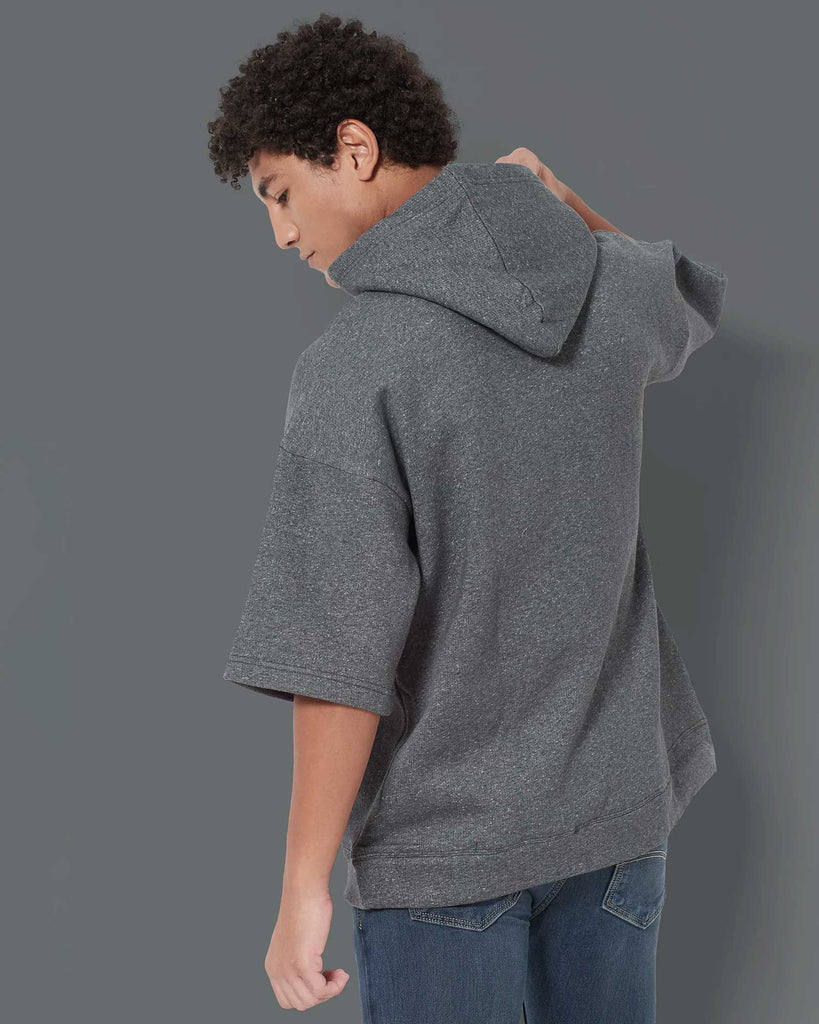 Melangebox Crop Sleeves Oversized Hoodie: Granite Melange