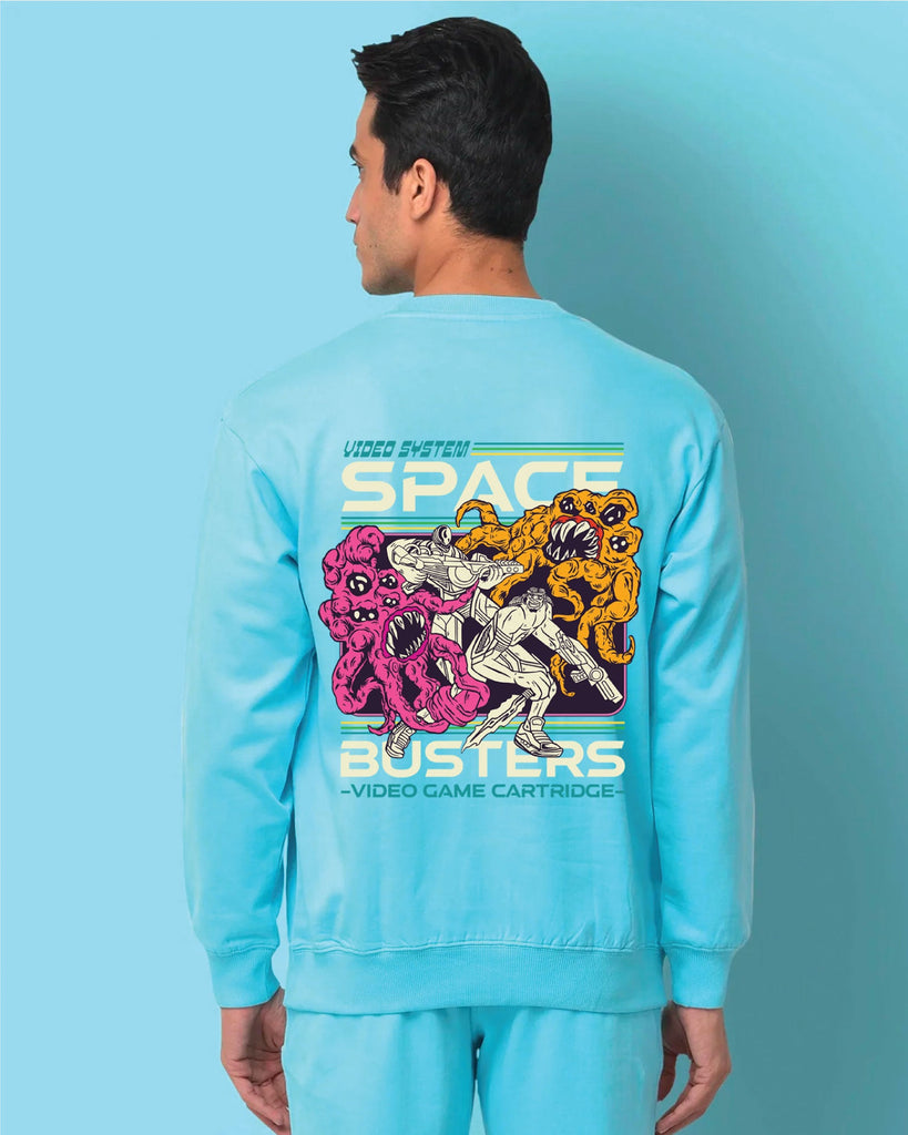 Space Busters Drop Shoulder Sweatshirt: Aqua Blue