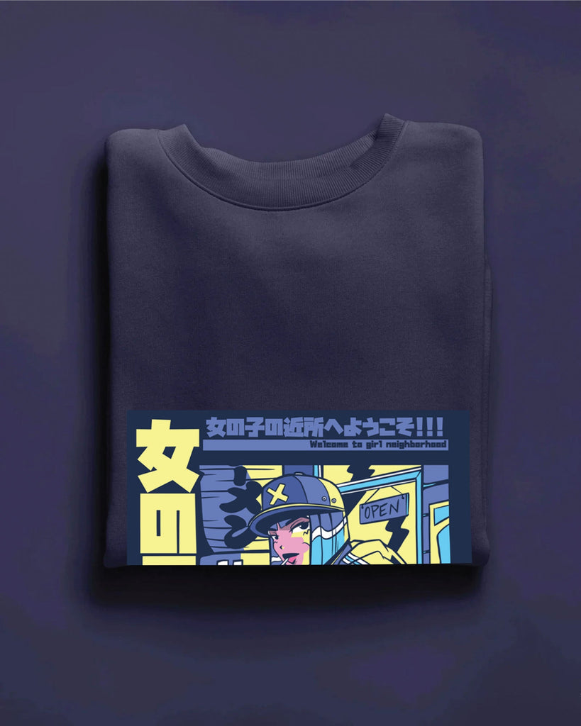 Melangebox Urban Anime Drop Shoulder Sweatshirt: Navy Blue
