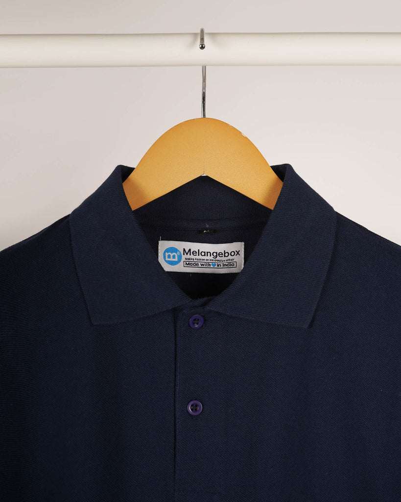 Melangebox Full Sleeves Polo Tee: Navy Blue