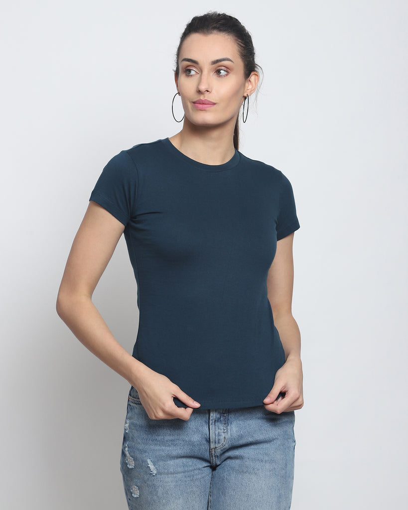 Women Crew Neck Top: Deep Teal Blue