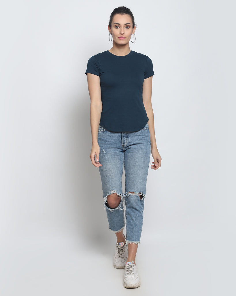 Women Crew Neck Top: Deep Teal Blue