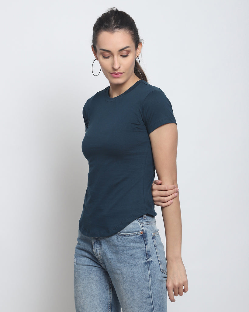 Women Crew Neck Top: Deep Teal Blue