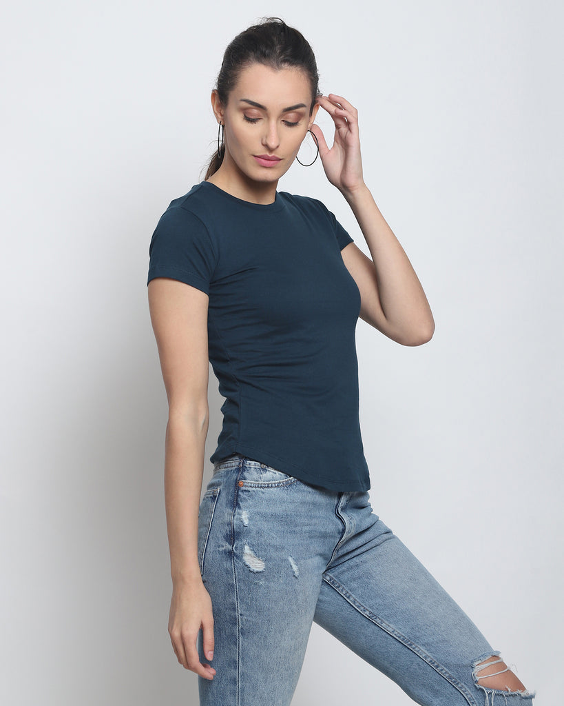 Women Crew Neck Top: Deep Teal Blue