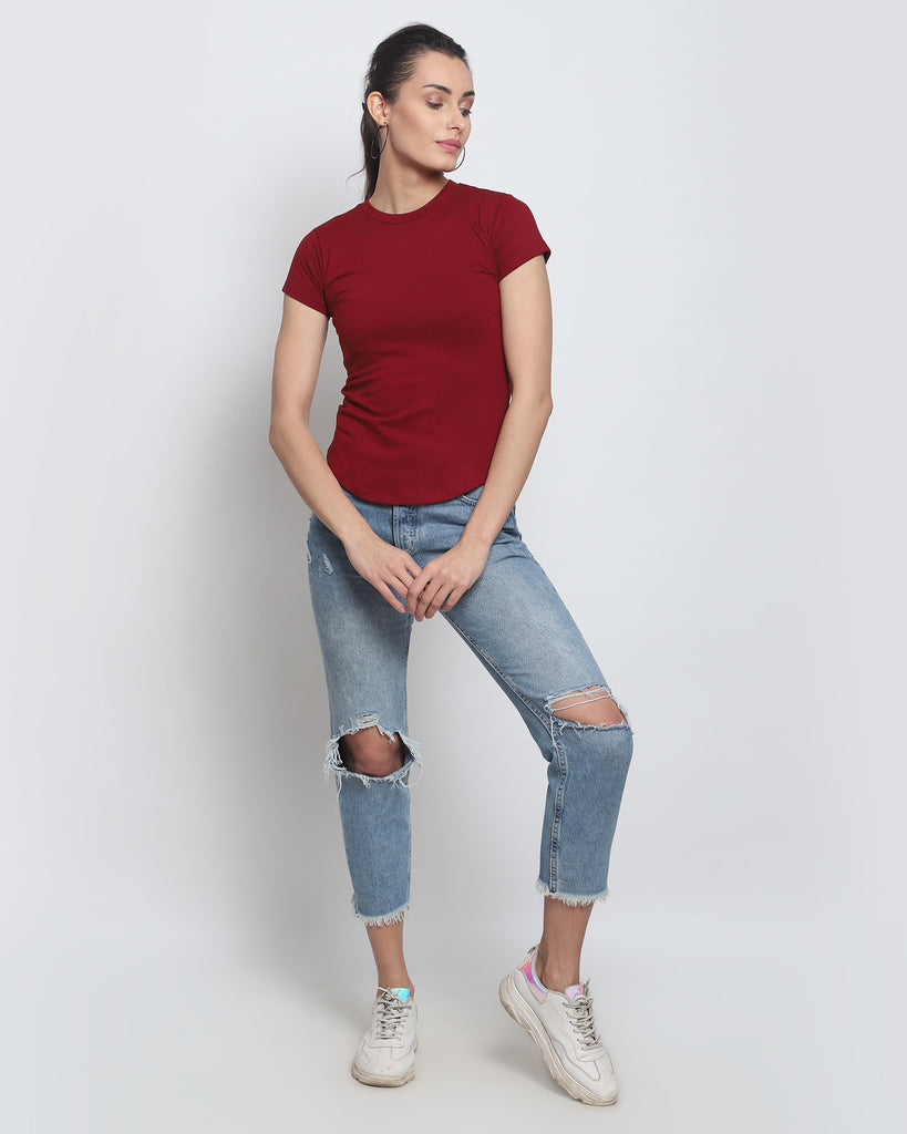 Melangebox Women Crew Neck Top: Maroon