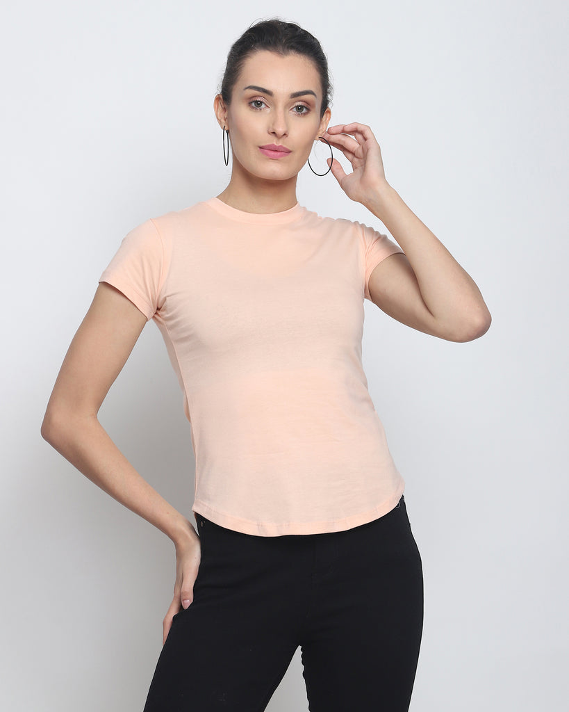 Women Crew Neck Top: Solid Peach