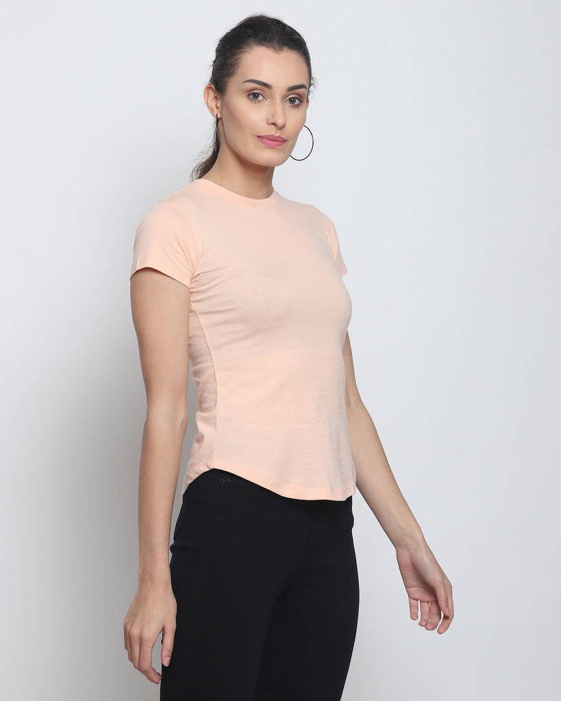 Women Crew Neck Top: Solid Peach