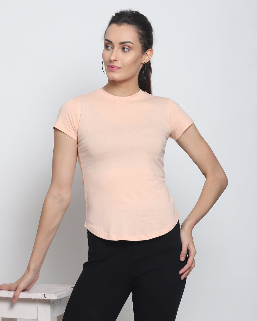 Women Crew Neck Top: Solid Peach