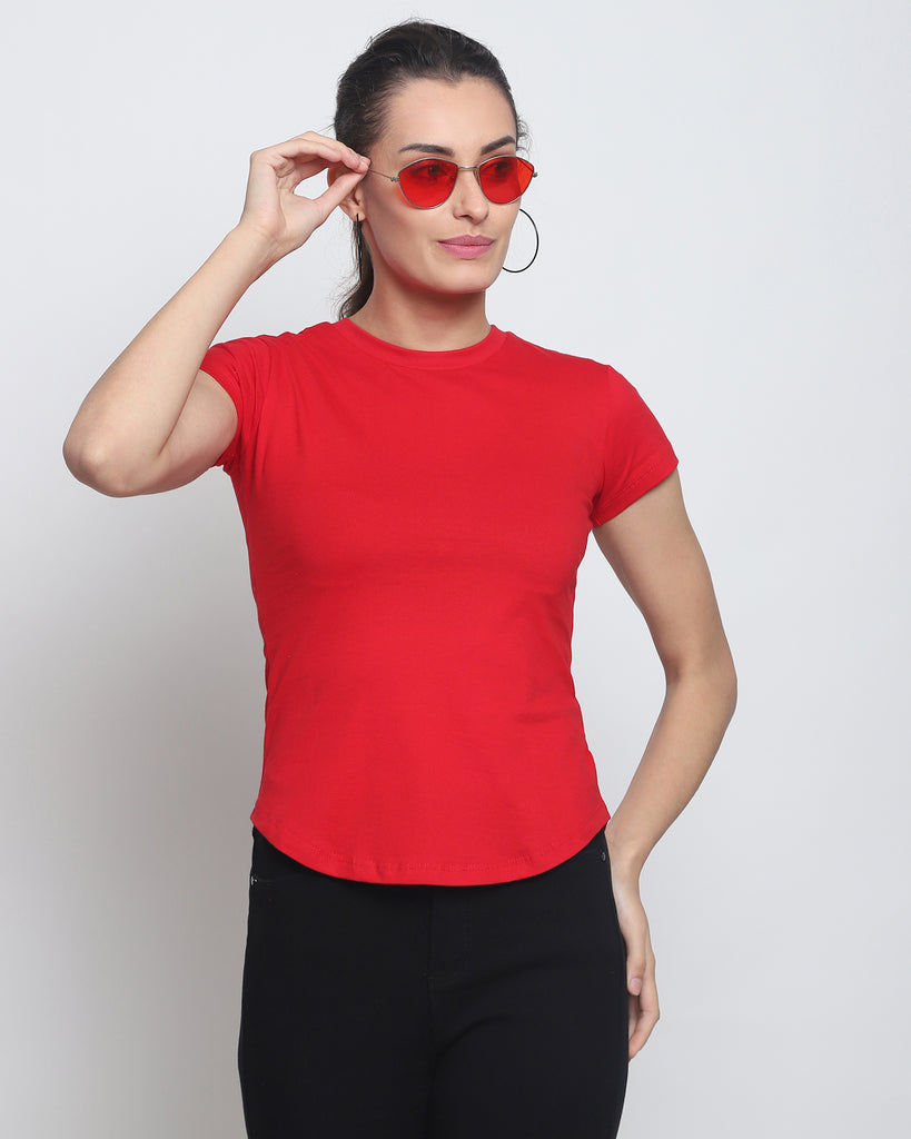 Melangebox Women Crew Neck Top: Solid Red